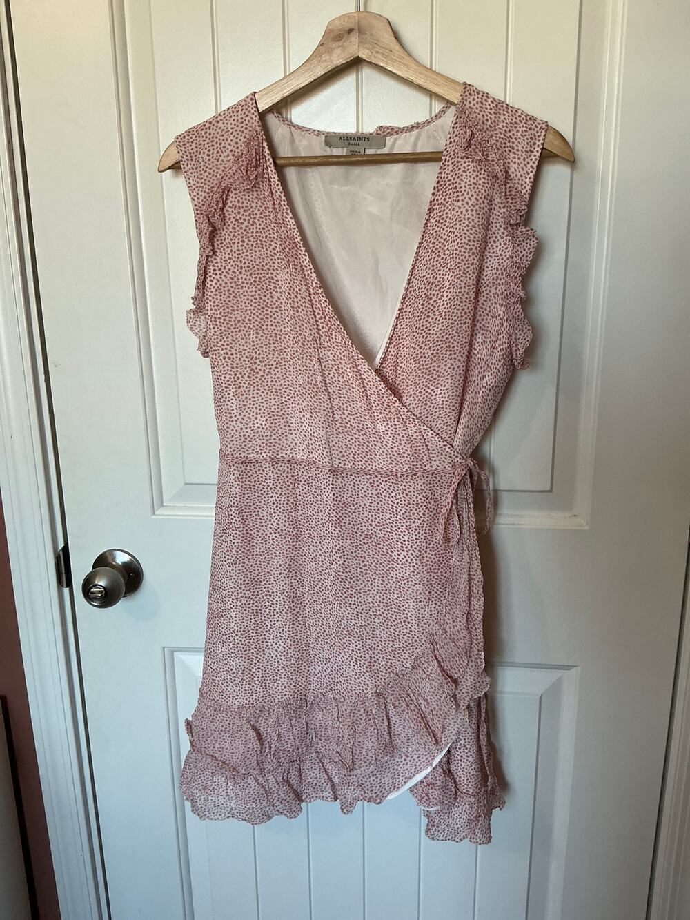 ALLSAINTS Priya Leox Polka Dot Ruffle Wrap Dress Small Pink/White